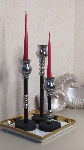 شمعدان سه تایی مشکی و سیلور بسیار زیبا طرح مروارید جنس فلز ابکاری با کیفیت قابل شست و شو